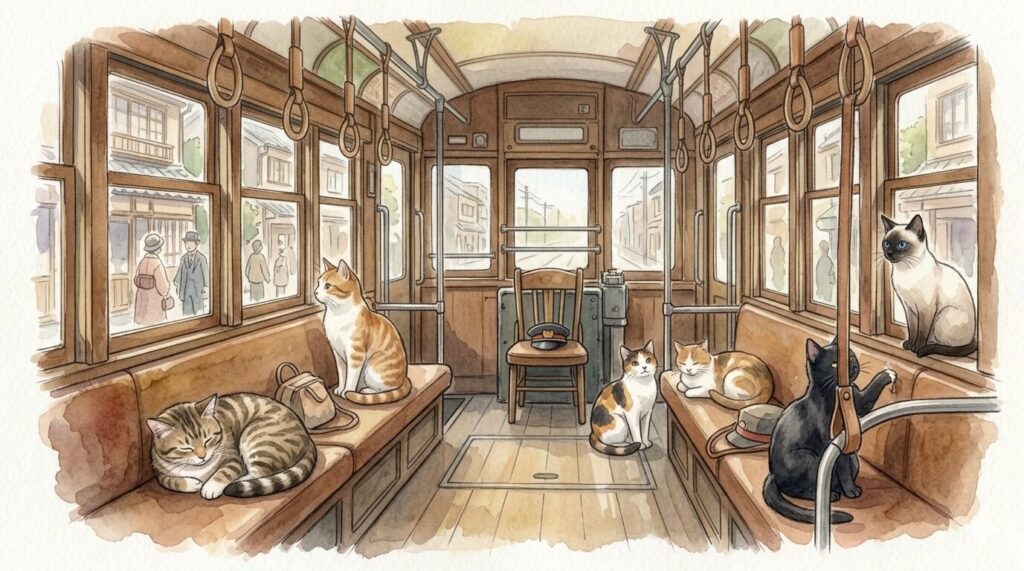 猫の消化器をイメージする電車の絵