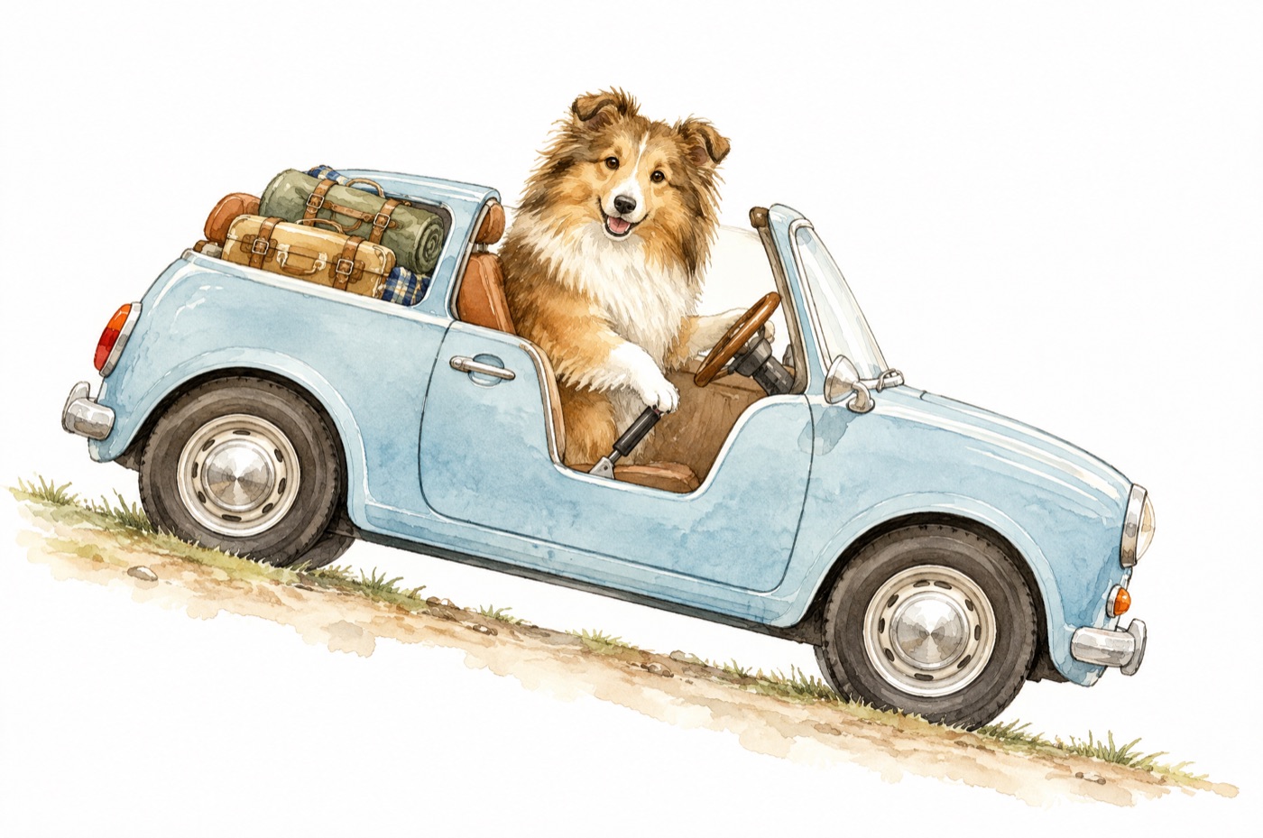 坂道に止めた車の運転席でサイドブレーキを引くシェルティの水彩イラスト（犬の膝のしくみのたとえ）
