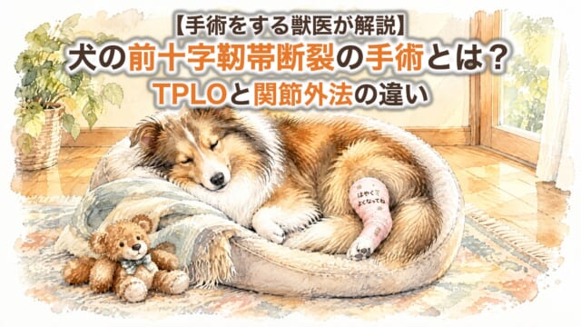 【手術をする獣医が解説】犬の前十字靭帯断裂の手術とは?TPLOと関節外法の違い。「はやくよくなってね」の包帯を巻いてベッドで眠るシェルティの水彩イラスト