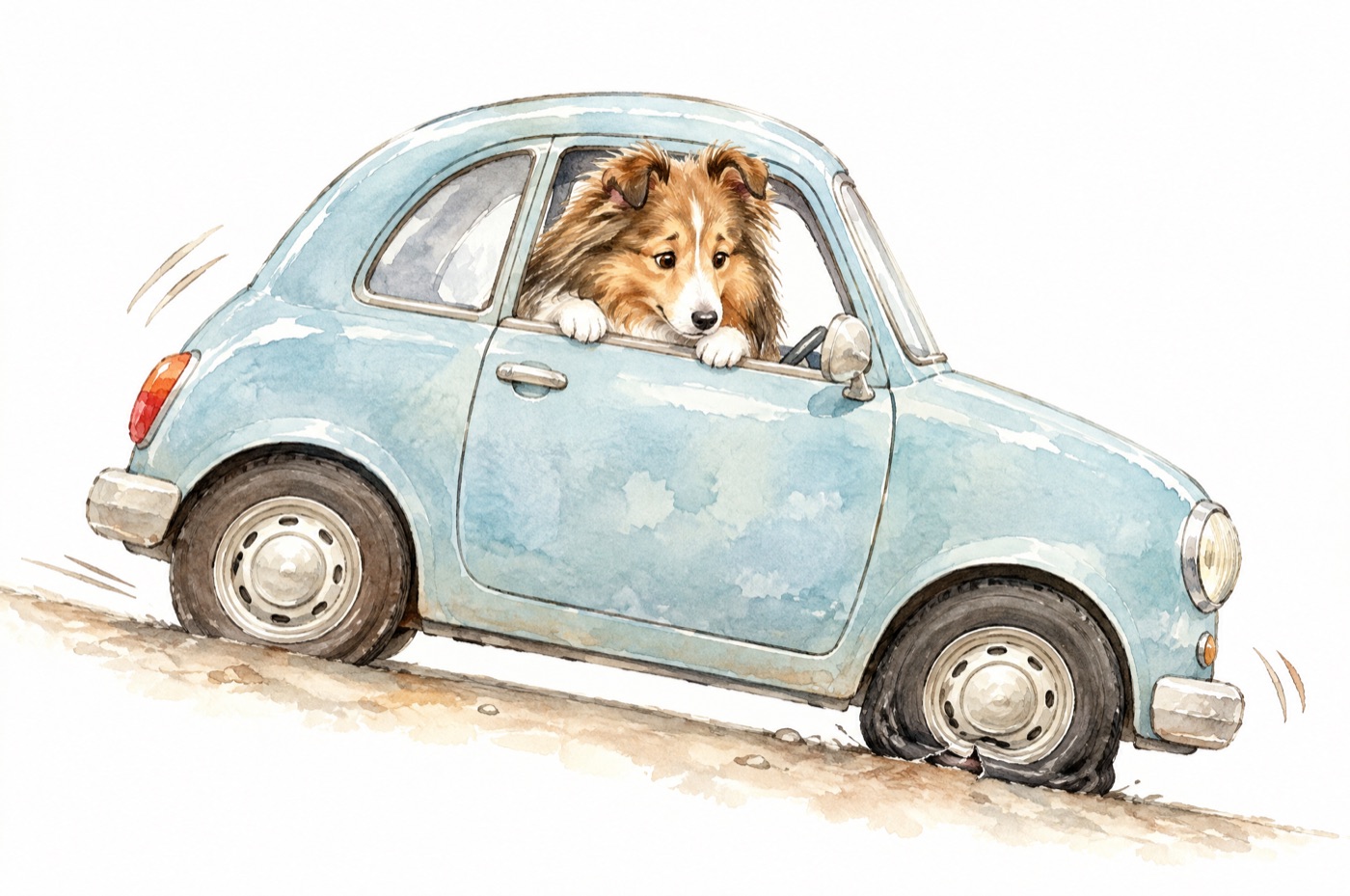 坂道でずり落ちてタイヤがつぶれた車と、心配そうなシェルティの水彩イラスト