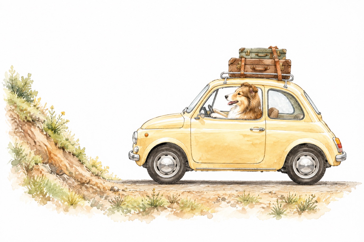 急な坂の横で、平らにならした道に荷物を積んだ車が止まり、運転席でシェルティがくつろいでいる水彩イラスト（TPLOのたとえ）