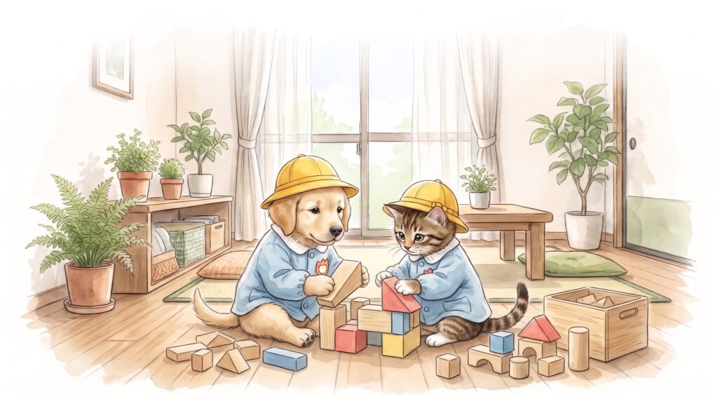 子犬と子猫が積み木で家の土台を作っている絵