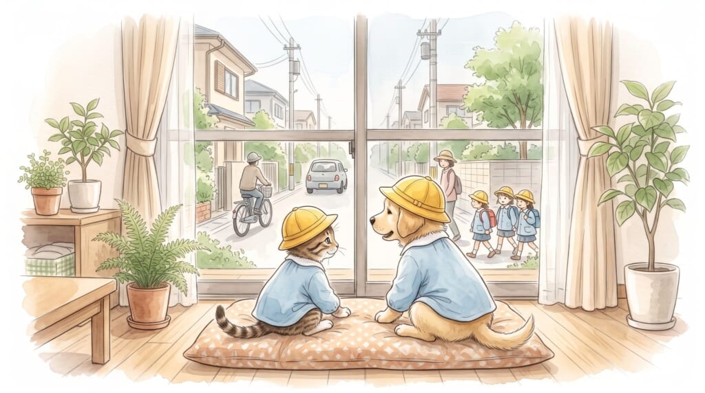 子犬と子猫が部屋の中から閉じた窓ごしに町を見ている絵