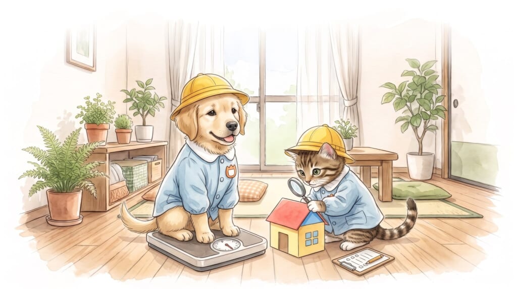 子犬が体重計に乗り子猫が家を虫めがねで点検している絵